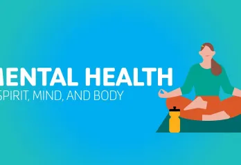 Illustration of woman practicing yoga with Mental Health is Spirit, Mind, Body