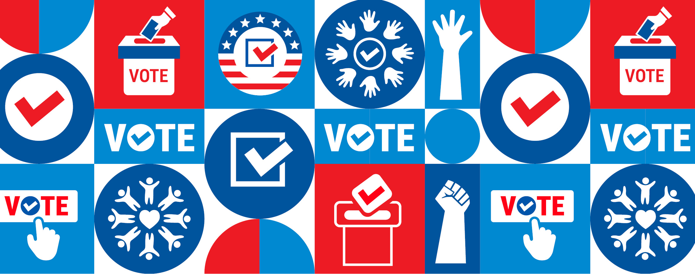 Voting illustration with ballots, hands, voter checkmarks