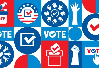 Voting illustration with ballots, hands, voter checkmarks