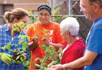 Friends working in a community garden