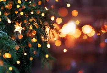 close up of holiday lights and Christmas tree