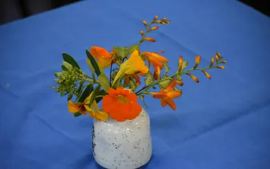 Orange flower arrangement on blue table