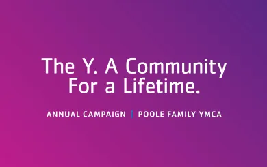 pink and purple background with The Y. A Community for a Lifetime and YMCA Annual Campaign