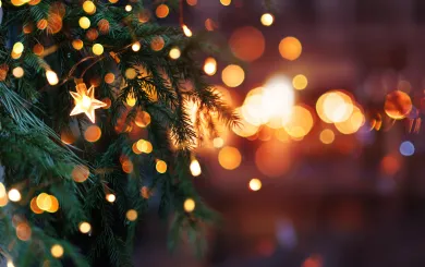 close up of holiday lights and Christmas tree