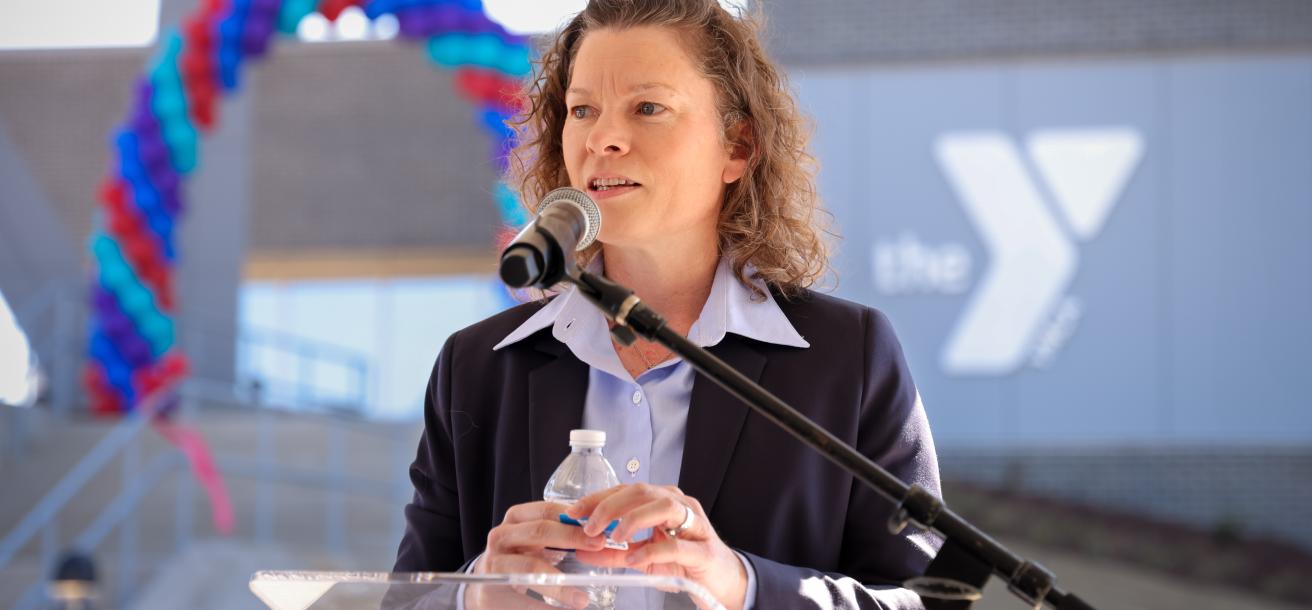 Amy Baker, YMCA of the Triangle Board Chair, speaking at the Chatham Park YMCA Ribbon-Cutting (March 2025)