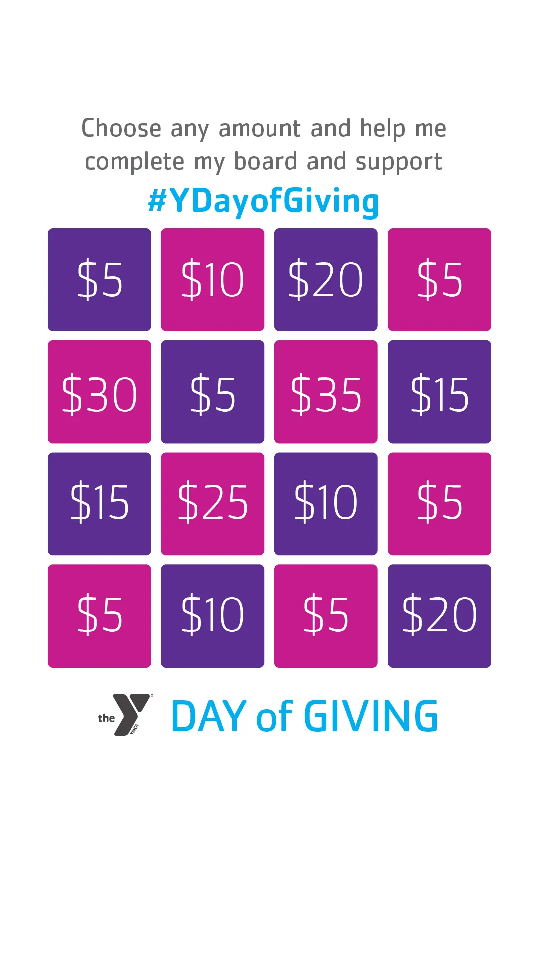 Bingo board for YMCA Day of Giving with different dollar amounts