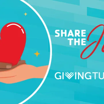 giving tuesday graphic with share the joy message and two hands holding a heart