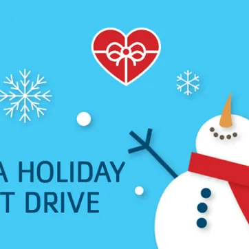 ymca holiday gift drive graphic with snowman and heart