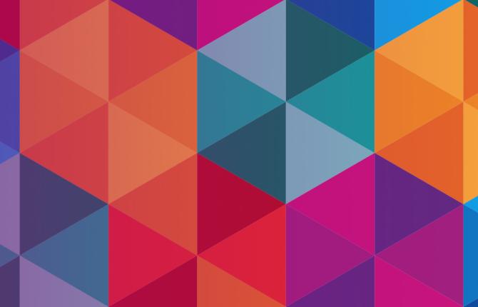 Colorful geometric background made up of triangles and diamonds in shades of red, orange, pink, blue, and purple, forming a vibrant abstract pattern.